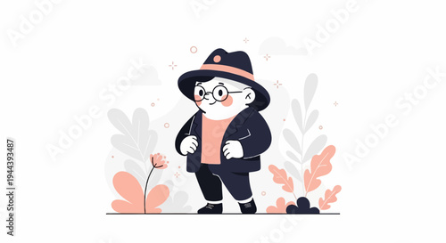 A character wearing a hat and blazer stands in a whimsical garden with coral and gray foliage