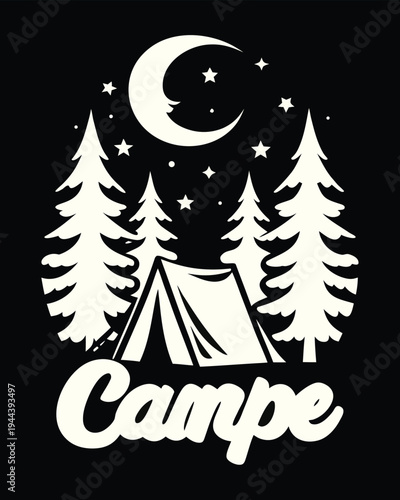 Camping adventure design with moonlit forest landscape and tent under a starry night sky