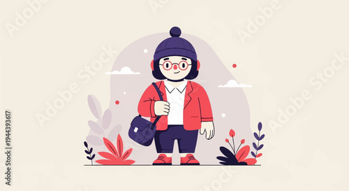 Whimsical illustration of a person in a red jacket, blue hat, and glasses, holding a satchel, surrounded by stylized plants