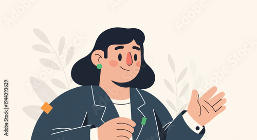 Illustrated woman in a blue suit with a friendly smile and an open hand, adorned with leaves