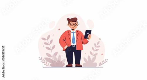 A man in a suit and tie holding a tablet, with decorative foliage in the background