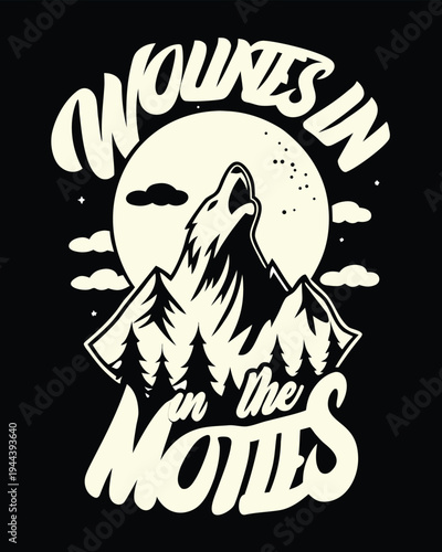 Stylized graphic of a lone wolf howling at the full moon over rugged mountain peaks