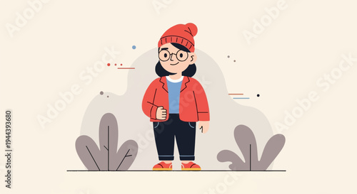 Quirky animated character in red beanie and jacket, with round glasses