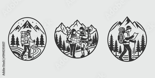Outdoor Adventure and Hiking Badge Vector Set