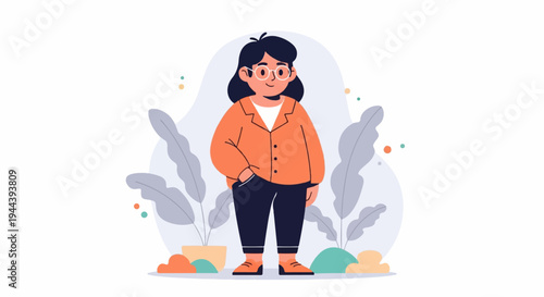 A stylized depiction of a person wearing glasses and an orange jacket, with plants