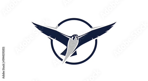 This dynamic vector logo features a stylized bird of prey, such as a falcon or hawk, soaring gracefully through a minimalist circular frame. Rendered in elegant navy blue and grey tones.