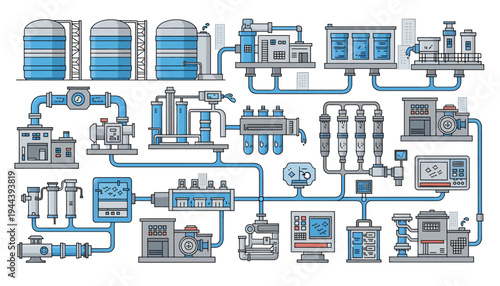 Industrial process diagram with machinery and piping.