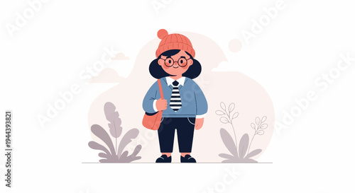 Whimsical person in hat and tie with bag, surrounded by plants