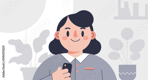 Smiling person holding a smartphone, surrounded by plants, in a minimalist style