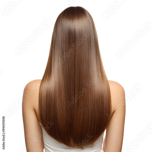 Long straight brunette hair back view portrait of woman in white top shiny smooth healthy