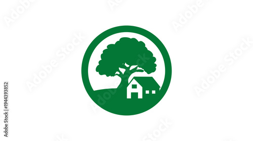 A green circular graphic with a tree, a small house, and a green circle around the elements