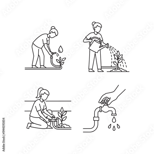 Line art illustrations depicting various methods of watering plants, including hose, watering can, drip irrigation, and water conservation by turning off a tap.