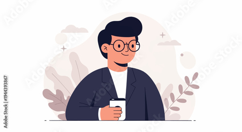 A smiling man in glasses and a suit holds a cup in a soft, abstract background