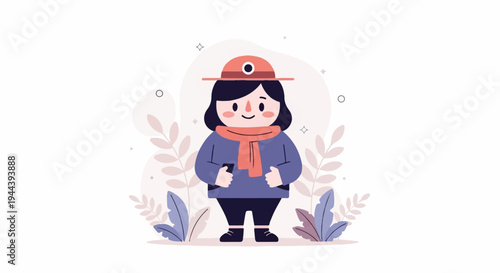 A charming cartoon person wearing a hat and scarf, holding a phone amidst botanical elements