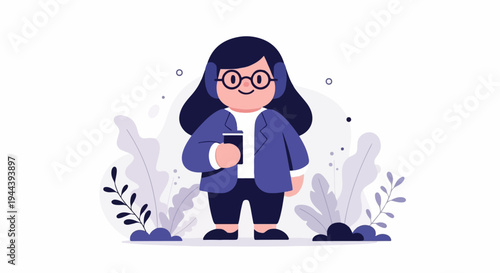 A stylized person in a blue jacket holds a drink, wearing headphones and glasses