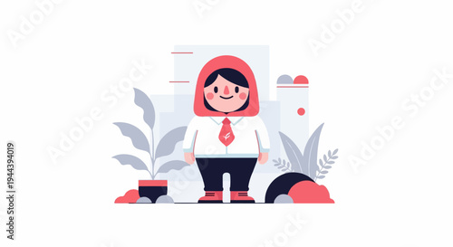 Cartoonish figure in a red hood and tie, with plants and abstract shapes