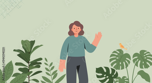 Friendly person with a bird on a plant, surrounded by lush greenery
