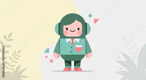 A cute, cartoonish figure in green attire with headphones and a tie