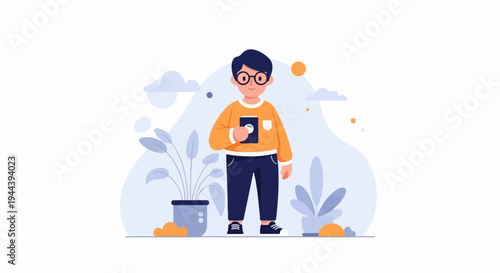A stylized boy with glasses and an orange sweater holds a book in a serene, abstract outdoor setting