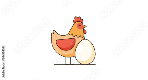 A charming cartoon hen, featuring a red comb and wattle, stands upright next to a single large white egg on a thin black line against a plain white background.