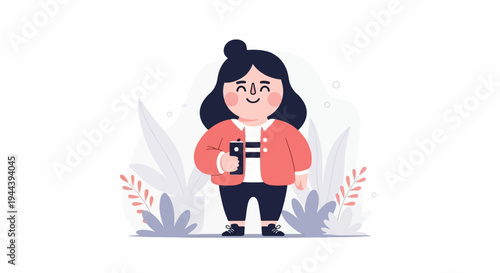 A cheerful, chubby character with dark hair and a pink jacket, holding a phone