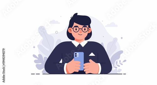 A person with glasses and dark hair holds a blue smartphone against a backdrop of stylized plants and clouds