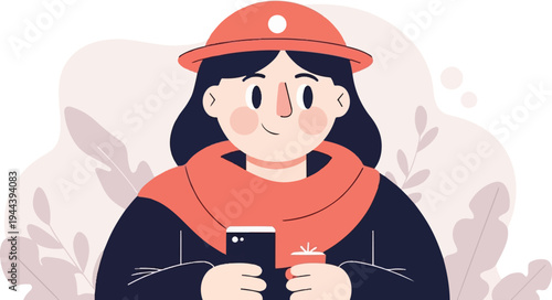 A young person wears a hat and scarf, holding a phone and a cup