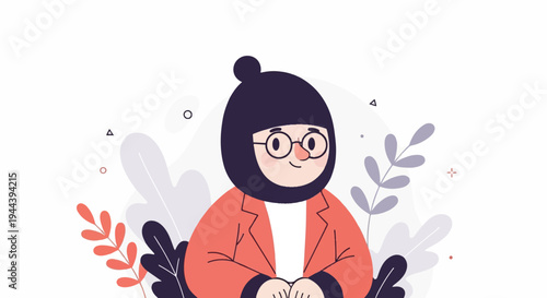 Friendly cartoon character wearing glasses and a dark headscarf, surrounded by stylized leaves