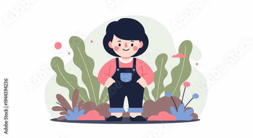 A smiling child in overalls stands amidst abstract plants and pink dots