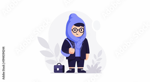 Stylized individual wearing a blue headscarf, glasses, dark jacket, and carrying a bag