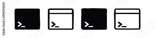 Terminal Window and Command Prompt Icon Set. Black and white developer console vector symbols with solid and outline variations.