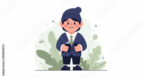 A person in a suit and beanie holds two containers