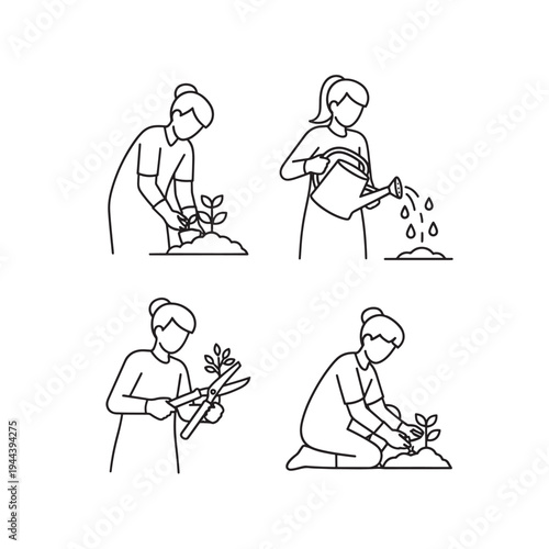 Line art illustrations depicting a person engaged in various gardening activities such as planting, watering, pruning, and tending to plants.