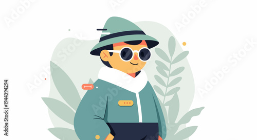 Cheerful, stylized cartoon character in a hat and round sunglasses, with foliage