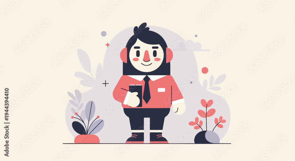 Fototapeta premium Stylized character in red shirt, tie, and headphones, holding a phone