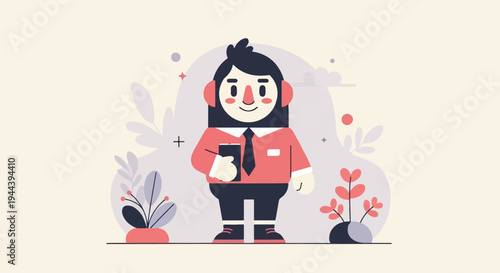 Stylized character in red shirt, tie, and headphones, holding a phone