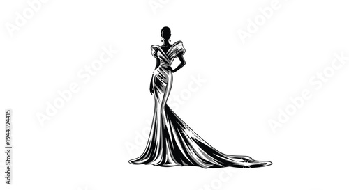 A striking black and white silhouette of a female model elegantly poses in a flowing, off-shoulder evening gown with a long train on a pristine white background.
