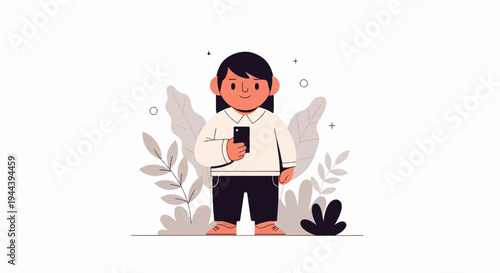 Cheerful person with dark hair holds a smartphone amidst stylized foliage