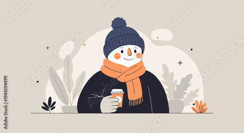 Flat illustration of a character in winter attire holding a coffee cup, surrounded by stylized plants