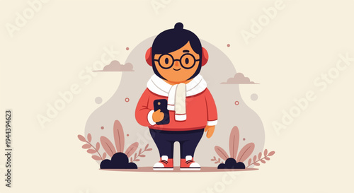 Chubby character wearing headphones, glasses, scarf, and a red sweater