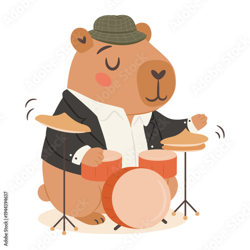 Cute capybara jazz musician playing drumset in a vintage jazz band cartoon illustration