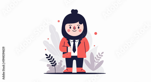 Cheerful cartoon character in a suit, standing amidst stylized plants and dots