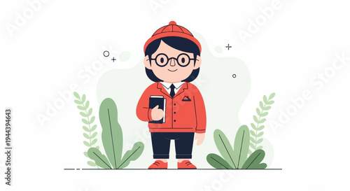 A cartoon character in a red suit and hat holds a book, surrounded by plants