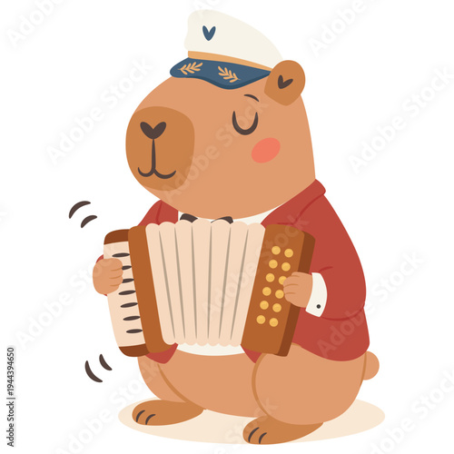 Cute capybara jazz musician playing accordion in a vintage jazz band cartoon illustration.
