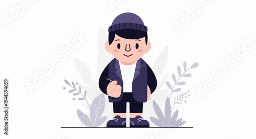 Cheerful child in beanie and blazer stands amidst stylized foliage