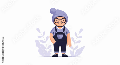 A cute character wearing overalls, a beanie, and glasses, with plants on the sides