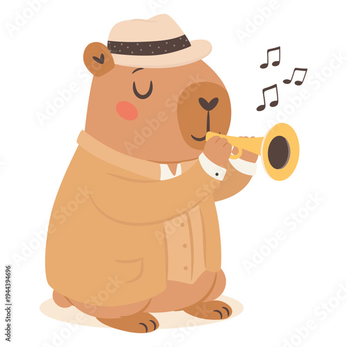 Cute capybara jazz musician playing trumpet in a vintage jazz band cartoon illustration