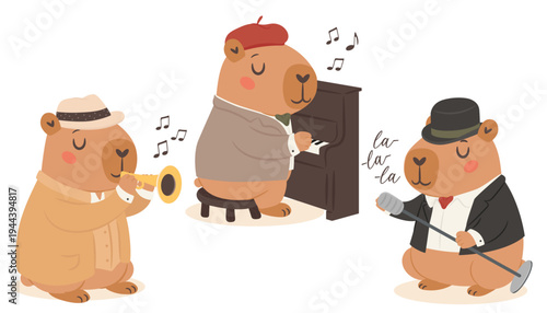 Cute cartoon oldschool capybaras jazz band set