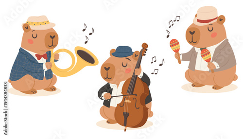 Cute cartoon oldschool capybaras jazz band set