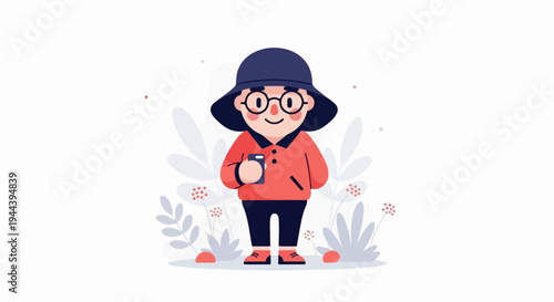 A stylized person wearing a hat and glasses holds a phone